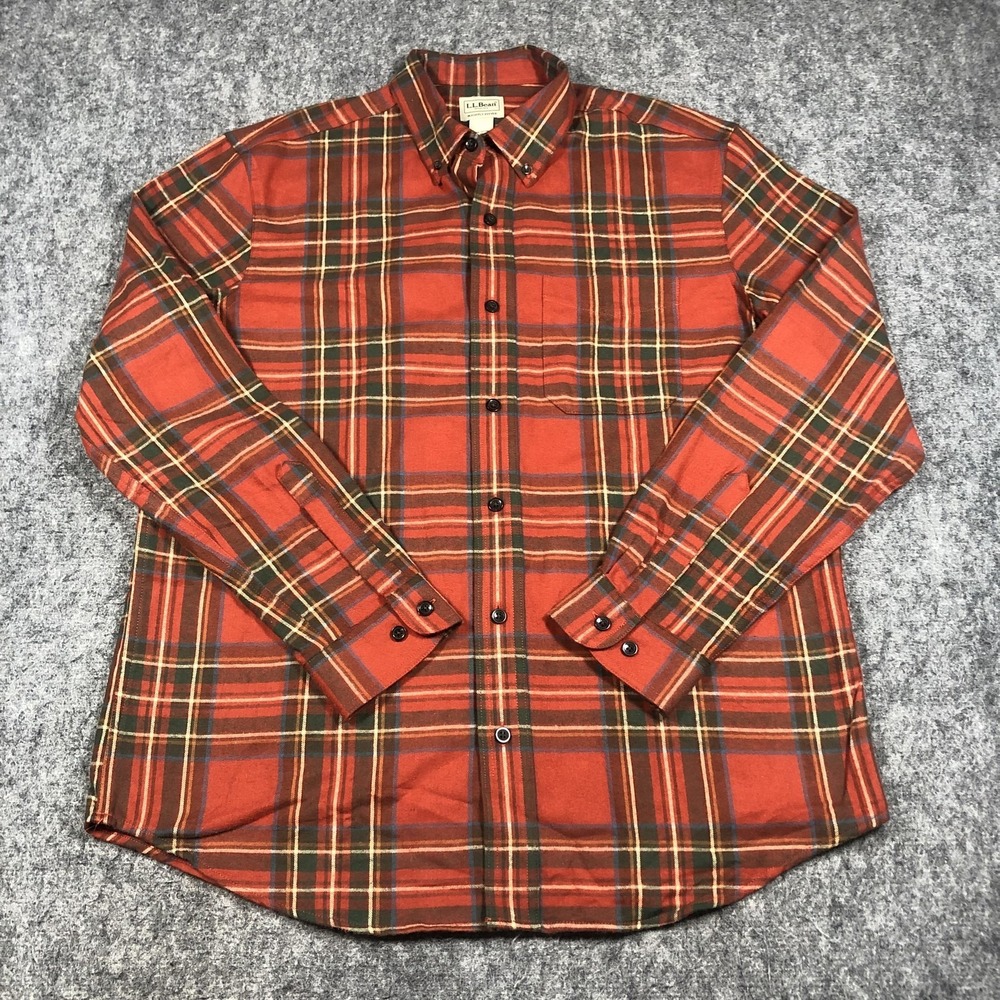 L.L.Bean Shirt Mens L Orange Plaid Flannel Button Down Long Sleeve Cotton Casual